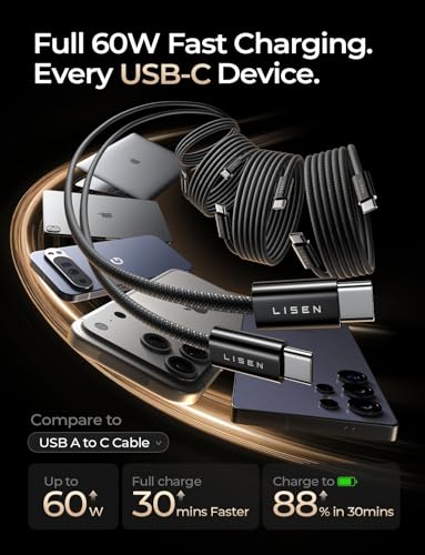 LISEN USB C to USB C Cable 60W (4 Pack,1.6+3.3+6.6+6.6FT) Fast Charger Cord