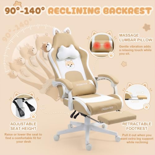 Dowinx Cat Ear Gaming Chair for Adults, Ergonomic Computer Chair with Massage Lumbar Support, Reclining Gamer Chair with Footrest and Headrest, 290 lbs