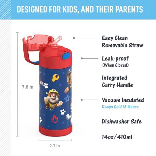THERMOS FUNTAINER Water Bottle with Straw, 14oz, Paw Patrol Boy | Kids Stainless Steel Insulated Water Bottle, Keeps Drinks Cold Longer for School & Play, BPA-Free