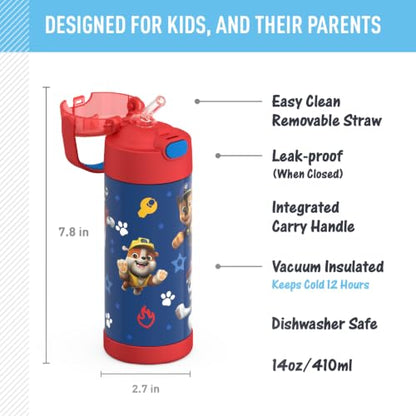 THERMOS FUNTAINER Water Bottle with Straw, 14oz, Paw Patrol Boy | Kids Stainless Steel Insulated Water Bottle, Keeps Drinks Cold Longer for School & Play, BPA-Free