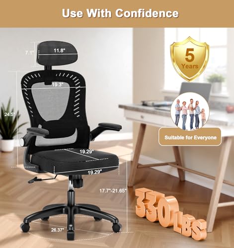 Office Chair, SPRDENG Ergonomic Office Chair with Two-Way Adjustable Lumbar Support & Headrest, High Back S-Shaped Computer Chair with Flip-up Padded Armrests, Swivel Task Chair for Home Office