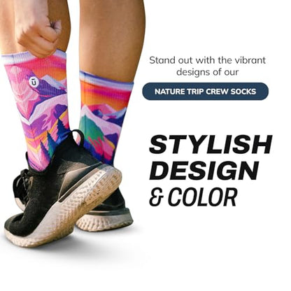 Outway Novelty Crew Socks for Men & Women, Breathable, Moisture-Wicking Athletic Calf Socks with Arch Support, Durable Polyester & Spandex Blend, Colorful Nature Design, Nature Trip, L-XL