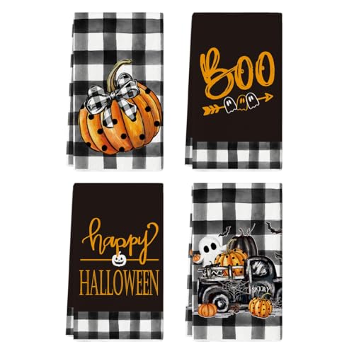Artoid Mode Pumpkin Ghost Halloween Kitchen Towels Set of 4 18x26 Inch