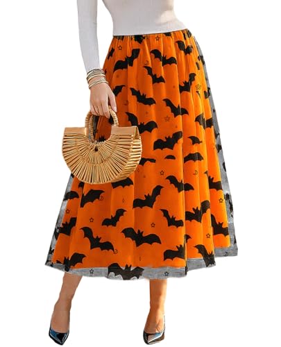 IWOLLENCE Women's Halloween Witch Skirts Pumpkin Bat High Elatic Waist Tulle Tutu Club Party Layered Midi Skirt