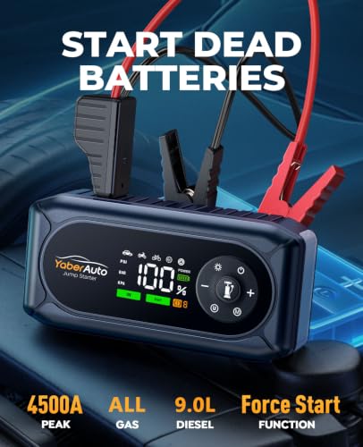 YaberAuto Jump Starter with Air Compressor,5000A Car Battery Booster Jump Starter with 150PSI Tire Inflator, 12V Car Booster Pack (All Gas/9L Diesel),Safety Jump Cable,18W Fast Charge,800 Lumen Light