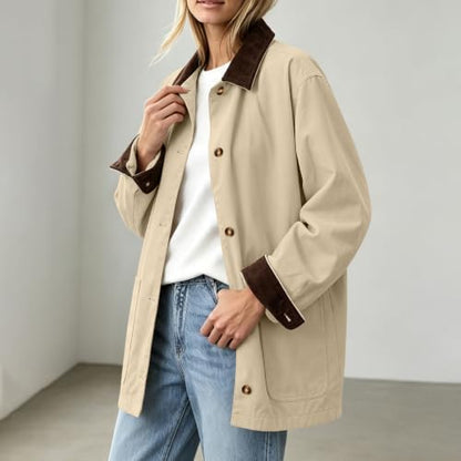 Womens Jackets Trendy 2026 Fall Jackets for Women Corduroy Collar Rollable Contrast Cuffs Travel Coat Button Front Winter Workwear With Pocket Khaki Large