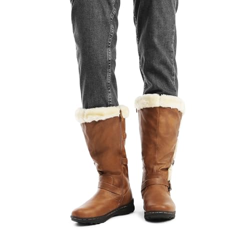 DREAM PAIRS Women Knee High Fully Fur Lined Boots,Camel/Pu,9