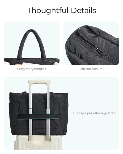 BAGSMART Puffer Tote Bag for Women, Quilted Work Bag with Zipper, Shoulder Bag for Travel Gym Commute with Compartments, Black