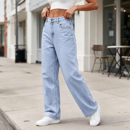 VOJJAEW Jeans for Women Straight Leg High Waist Denim Pants Casual Fall Daily Classic Trendy Trousers Clothing with Pockets Baggy Jeans Women Light Blue Medium