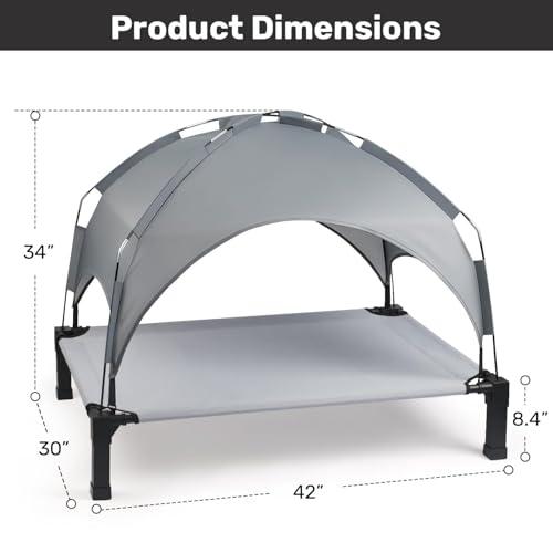 Heeyoo Elevated Dog Bed with Removable Canopy, Portable Raised Dog Cot | Pet Cooling Cot Bed for Dogs with Sun Protection Shade Tent,Grey 42in