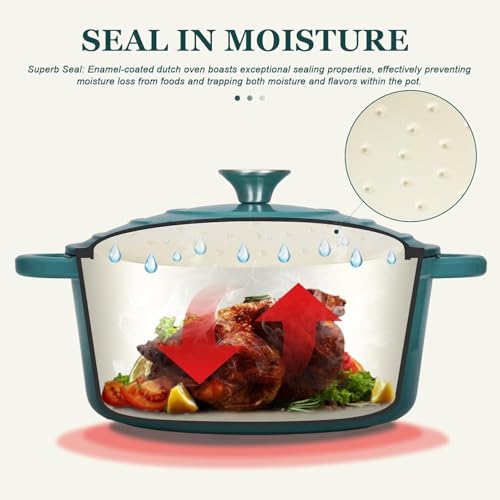 Overmont Enameled Cast Iron Dutch Oven - Lid Cookbook 5.5QT Darkcyan