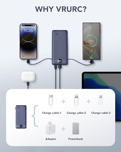Portable Charger with Built-in Cables & AC Wall Plug, Slim Power Bank
