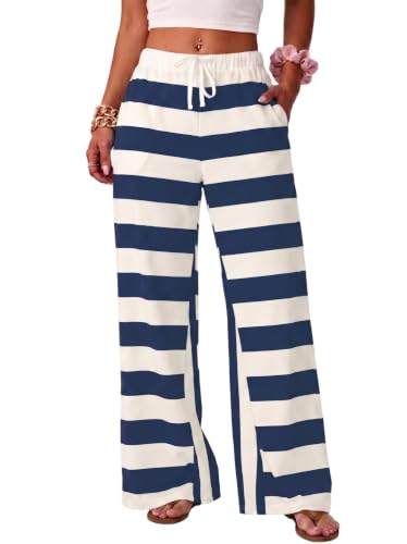 Qixing Women Striped Wide Leg Pants Beach Travel Wear with Pockets