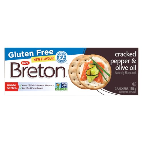 Breton Gluten Free Cracked Pepper & Olive Oil Crackers - Light, Crispy, Plant-Based, Made with Real Vegetables, For Snacking, Dips, Cheese and Spreads, 135g