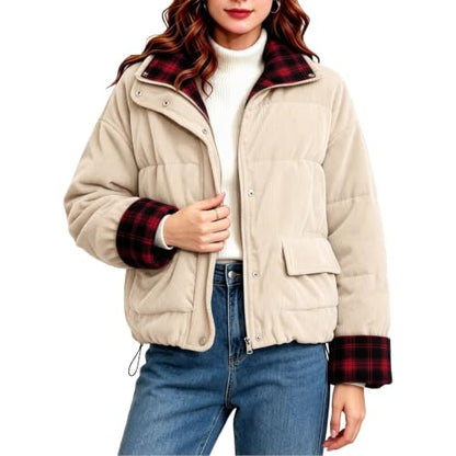 Winter Jacket for Women Fall Jackets for Women Stylish Padded Jackets Solid Two Sides Wear Long Sleeve Slim Elegant Outerwear Office Commute Beige S