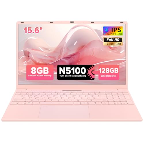 Auusda Lightweight Portable Pink Laptop, Win 11 Pro, 4-Core Processor