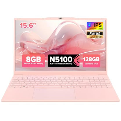Auusda Lightweight Portable Pink Laptop, Win 11 Pro, 4-Core Processor