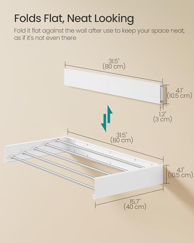 SONGMICS Wall Mounted Drying Rack, Clothes Drying Rack Foldable, 80 cm Wide Laundry Clothes Airer with Wall Template, 5 Fold-Out Aluminum Alloy Bars, Indoor, Matte White ULLR809WE01