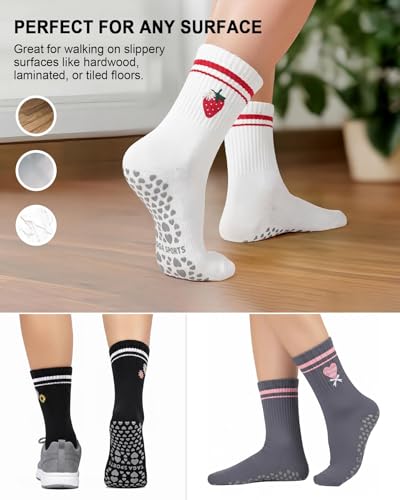 DHSO Pilates Socks with Grips for Women, Cute Non Slip Yoga Crew Socks
