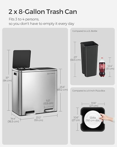 SONGMICS Trash Can, 2 x 8 Gallon Garbage Can for Kitchen, with 15 Trash Bags, 2 Compartments, Plastic Inner Buckets and Hinged Lids, Airtight, Silver and Black ULTB60NL