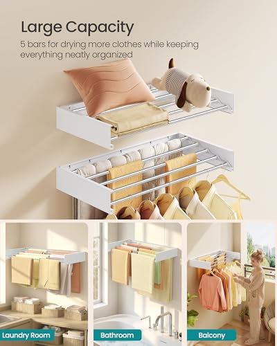 SONGMICS Wall Mounted Drying Rack, Clothes Drying Rack Foldable, 80 cm Wide Laundry Clothes Airer with Wall Template, 5 Fold-Out Aluminum Alloy Bars, Indoor, Matte White ULLR809WE01