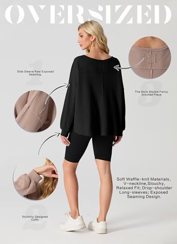 IWOLLENCE Sweatshirts for Women Oversized V Neck Casual Tops for Women Waffle Knitted Womens Tunic Tops Black