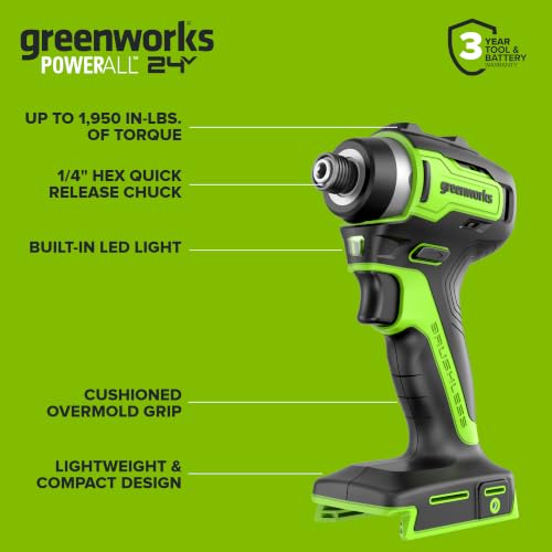 Greenworks 24V Cordless Brushless Combo 400 in-lbs Drill/Driver +1950 in-lbs Impact Driver +6.5" Circular Saw +200LM Flashlight, 2.0Ah + 4.0Ah Batteries (24,000mAh Power Bank) and 65W USB-C Charger