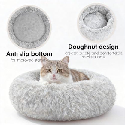 20in Donut Pet Bed, Calming Cushion for Small/Medium Dogs & Cats, Fluffy, Washable Light Brown