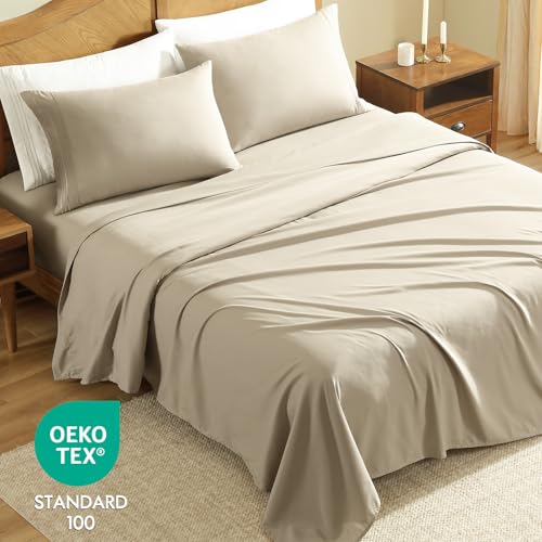 ClevaHome Queen Size Sheets, 4-Piece 14'' Deep Pocket Sheets, Sandy Beige