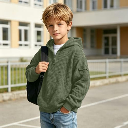 Gym Clothes Men Boys Waffle Knit Quarter Zip Hoodie Kids Back to School Hooded Pullover Tops Fashion Fall Winter Casual Sweatshirt 9 Years H01 Army Green