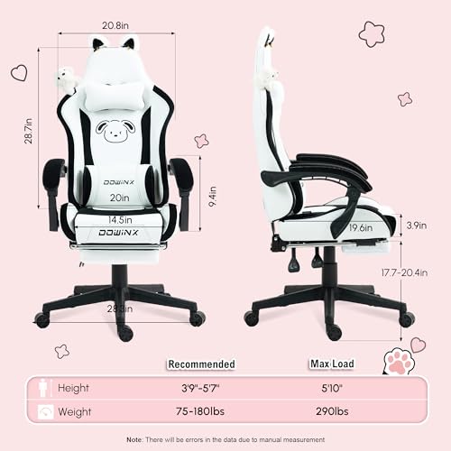 Dowinx Cat Ear Gaming Chair for Adults, Ergonomic Computer Chair with Massage Lumbar Support, Reclining Gamer Chair with Footrest and Headrest, 290 lbs