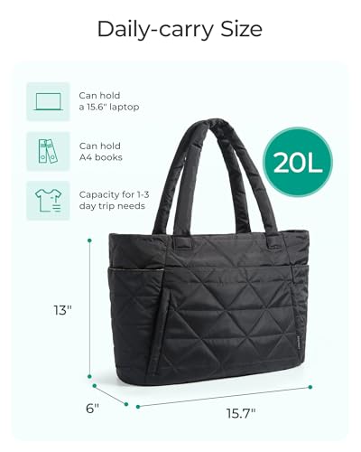 BAGSMART Puffer Tote Bag for Women, Quilted Work Bag with Zipper, Shoulder Bag for Travel Gym Commute with Compartments, Black