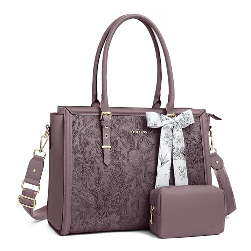 MOSISO Laptop Bag for Women, 15.6-16 inch PU Leather Tote Bag, Slate Purple