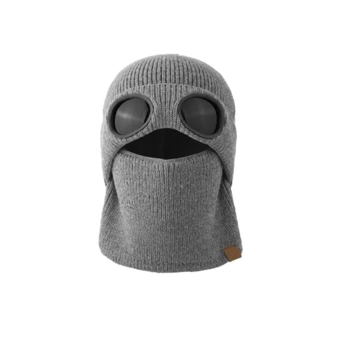 2 in 1 Ribbed Knit Balaclava Beanie with Goggle-Style Eye Panels Gray