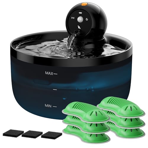 Cordless Cat Water Fountain Wireless: Pet Water Fountains with Motion Sensor - 88oz/2.6L Cat Fountain Battery Operated - Kitty Spout and Pet Waters Dispenser with 6 Filters + 3 Sponges