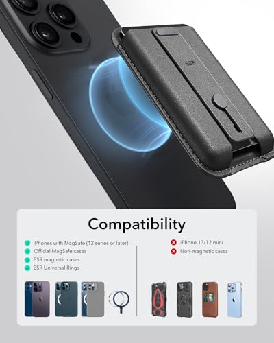 ESR for MagSafe Wallet, 5-Card Holder, Secure-Grip Finger Loop, Magnetic Wallet for iPhone 18Pro/Pro Max, 17e/17/16/15/14/13/12 Series & Google Pixel 10, Vegan Leather, Black