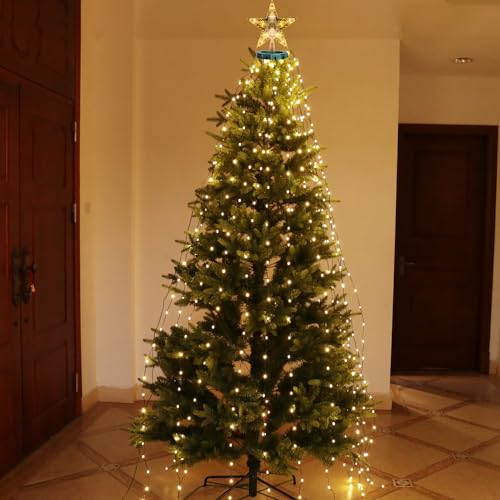 Christmas Tree Lights with Star Topper, 400LED Christmas String Lights with Ring for Tree, 6.6FT x 16 Drop Fairy Lights with 8 Modes Timer Remote for Indoor Outdoor Xmas Tree Decor, Warm White