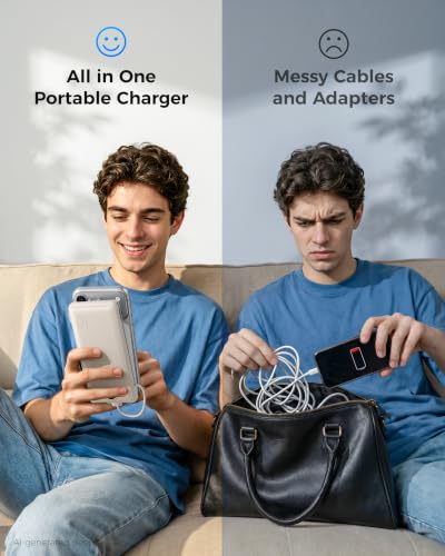 VEGER Portable Charger with Built in Cables&Wall Plug, 10000mAh Power Bank | Ultra Slim USB C Battery Pack 5 Outputs 2 Inputs, LED Display, Flight-Safe Travel Powerbank Compatible with iPhone 18/Samsung