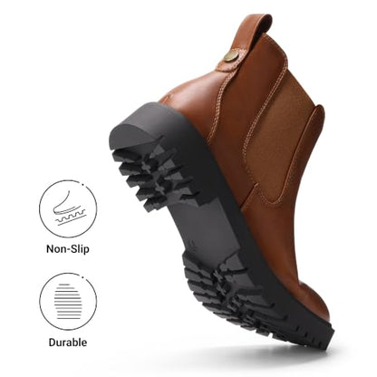 DREAM PAIRS Women's Chelsea Ankle Boots,Brownish/Yellow/Pu,7 | Fall Booties,Round Toe,Slip-On,Comfortable,for Fall Winter Outdoor Walking,Office Work,Casual and Daily