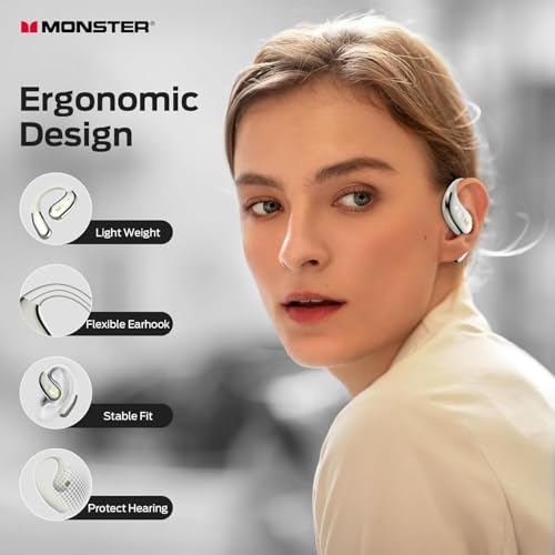 Monster Open Ear AC360, Wireless Bluetooth Rotary Earphone, with Lanyard, Upgraded Bluetooth 5.4, Touch Control, 24h Long Battery Life, IPX5 Waterproof,Long-Lasting Wear Without Fatigue, White