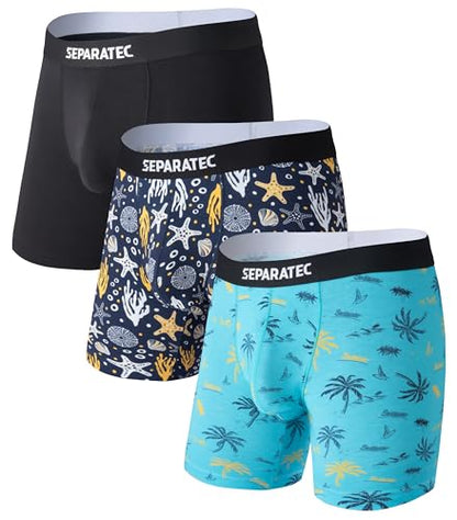 Separatec Mens Underwear with Pouch Moisture Wicking Dual Pouch Boxer Briefs Breathable Cool Rayon from Bamboo Underwear Men(M, Fashion Stylish Prints/Black)