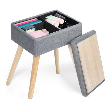 Vanity Stool with Storage, Vanity Chair with Solid Wood Legs, Grey