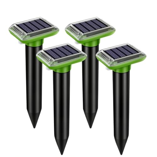Solar Powered Animal Ground Stakes 4 Pack, Vibration & Pulse Sound Device, IP66 Waterproof for Lawn Yard Outdoor, Green