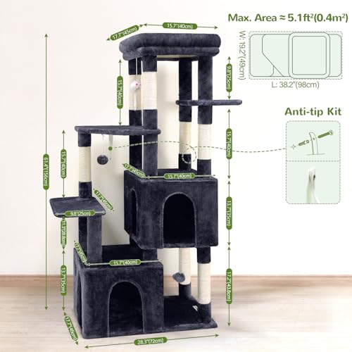 Globlazer Cat Tower for Indoor Cats, 61inch Heavy Duty Cat Trees for Large Adult Big Cats Maine Coon Cat Tree Tower with Scratching Post, Extra Large Top Perch, Cat Condos, F61, Dark Grey