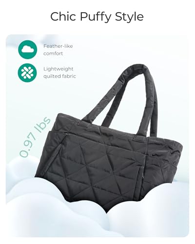 BAGSMART Puffer Tote Bag for Women, Quilted Work Bag with Zipper, Shoulder Bag for Travel Gym Commute with Compartments, Black