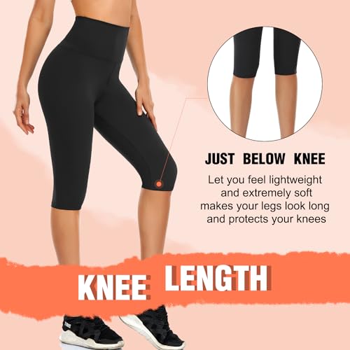 DHSO Women's Knee Length Leggings, High Waisted Biker Shorts with Pockets