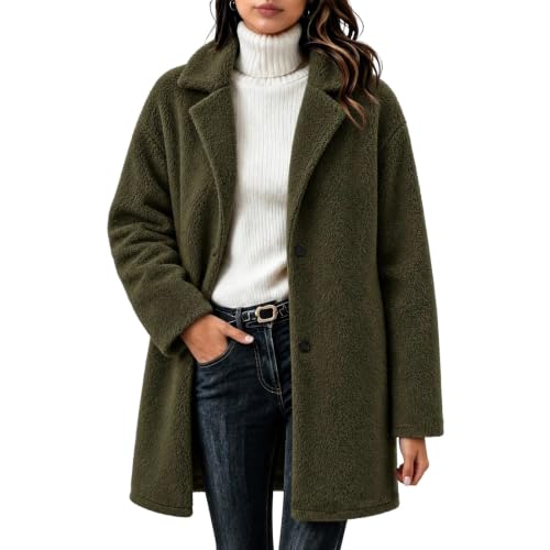 Womens Winter Coats Fall Coats for Women Fuzzy Fleece Jacket Button Down Long Sleeve Coat Casual Office Work Winter Clothes With Pocket Army Green S