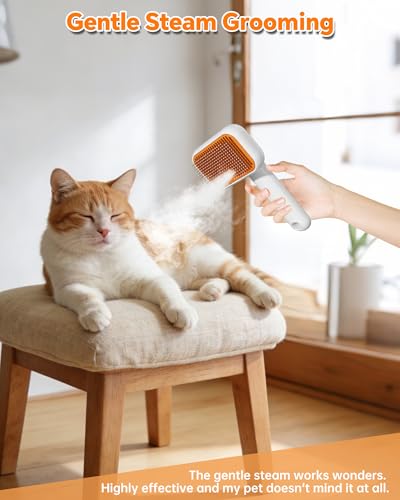 Cat Steam Brush - 3 in 1 Steamy Cat Brush with 45ml Water Tank and Dual Speed Mist, Cat Brush for Removing Tangled and Loosse Hair, Grooming Shedding Brush for Long & Short Haired Pets