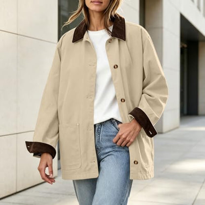 Womens Jackets Trendy 2026 Fall Jackets for Women Corduroy Collar Rollable Contrast Cuffs Travel Coat Button Front Winter Workwear With Pocket Khaki Large
