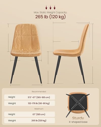 VASAGLE Set of 4 Dining Chairs, Dining Room Chairs, Metal Frame, Adjustable Feet, Easy to Clean, Glacier-Textured PU Leather, for Kitchen, Caramel Brown UKDC188K01